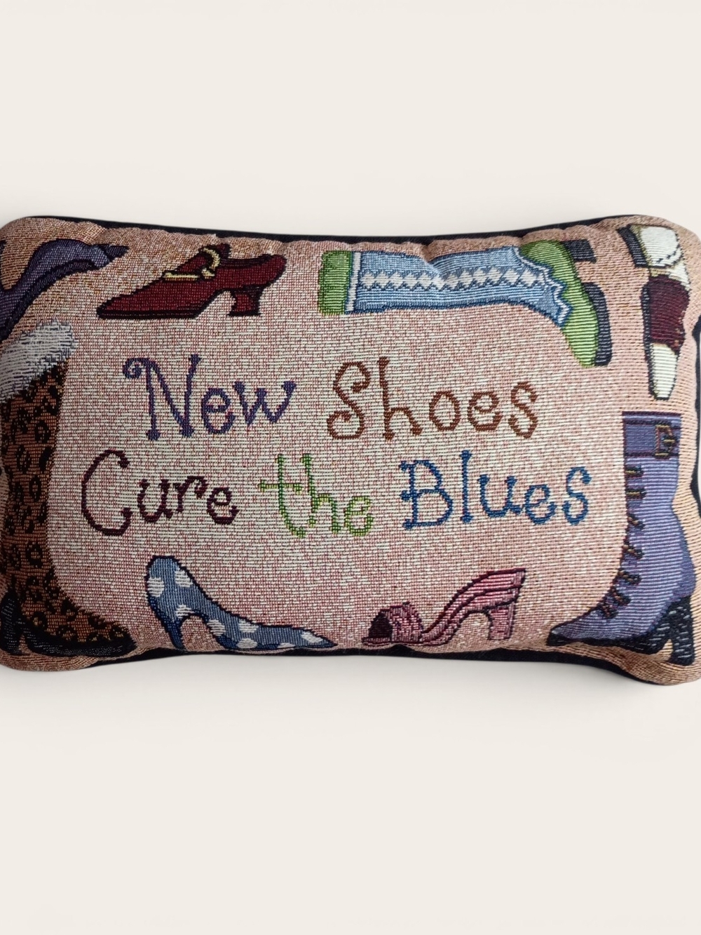 Decorative Needlepoint Pillow - "New Shoes Cure the Blues"
